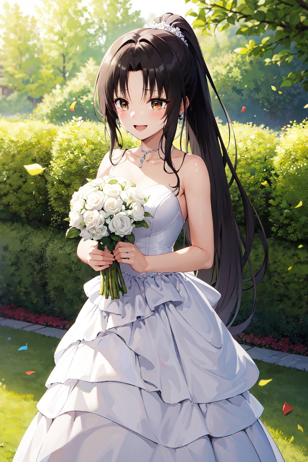 masterpiece, best quality, highres, 1girl, solo, long hair, black hair, ponytail, parted bangs, brown eyes, <lora:kujou_rin_v1:0.7>, wedding dress, smile, open mouth, tears, holding bouquet, garden, confetti, standing, cowboy shot,