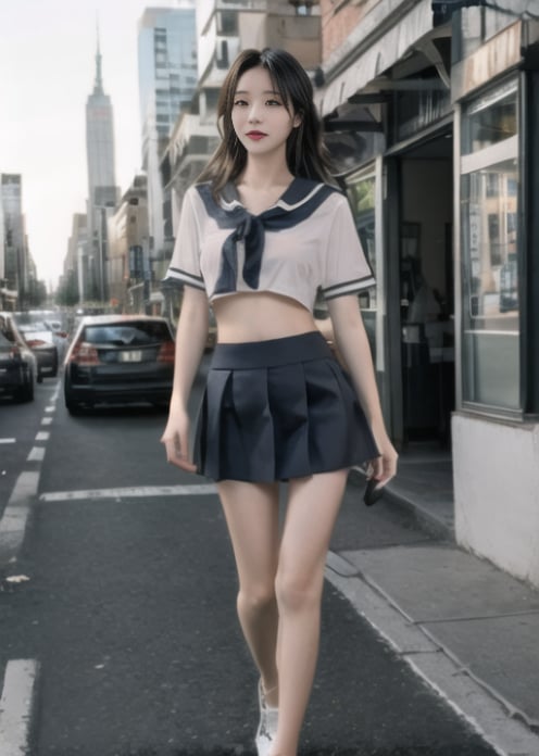 1girl, minisailor,walking on street,outdoors,city,street,bare belly,full body, <lora:minisailor:0.8>