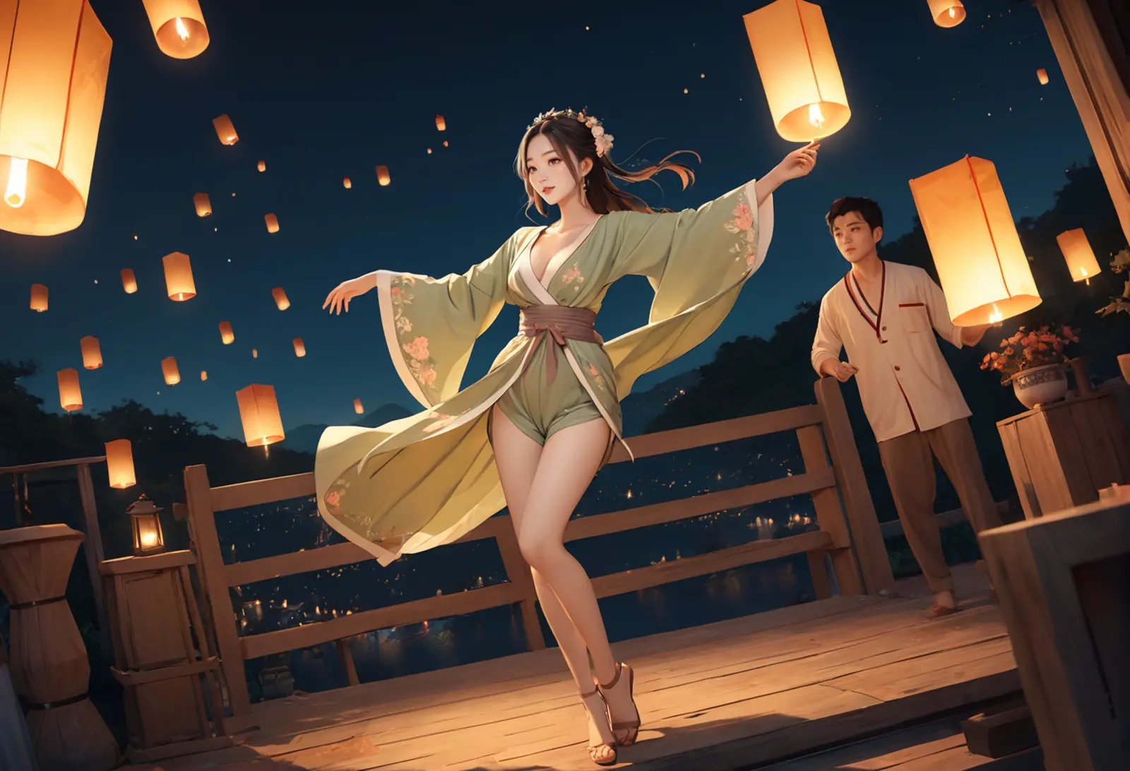 ,ruanyi0799,lantern,glowing,night sky,1girl,solo,hanfu,full body,dancing,<lora:0799 Kongming lantern_xl_v1:1>, masterpiece,best quality,ultra detailed,8K,super fine illustration,highly detailed beautiful face and eyes,perfect anatomy,professional lighting,