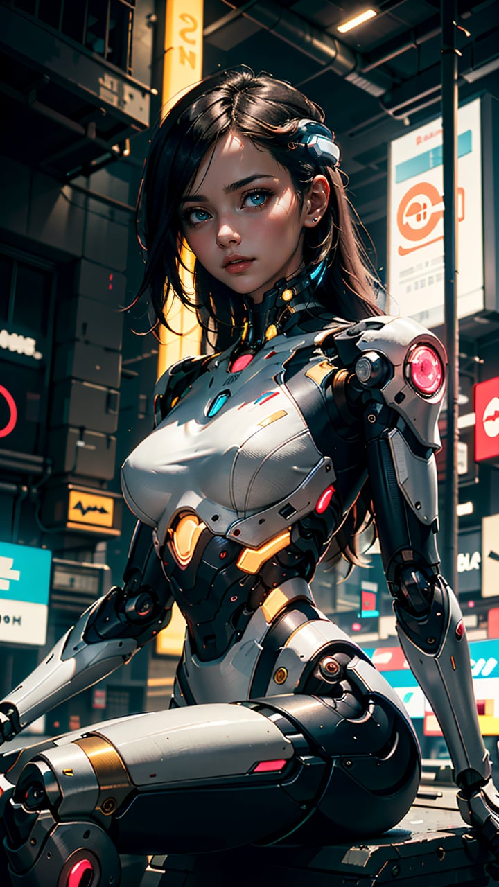 (best quality, masterpiece, colorful, dynamic angle, highest detailed) upper body photo, fashion photography of cute 1girl, mechanical arms, cyborg, dark mood, dystopia, glowing, looking at viewer, sitting, long hair, bokeh, soft light passing through hair, (official cyberpunk art)