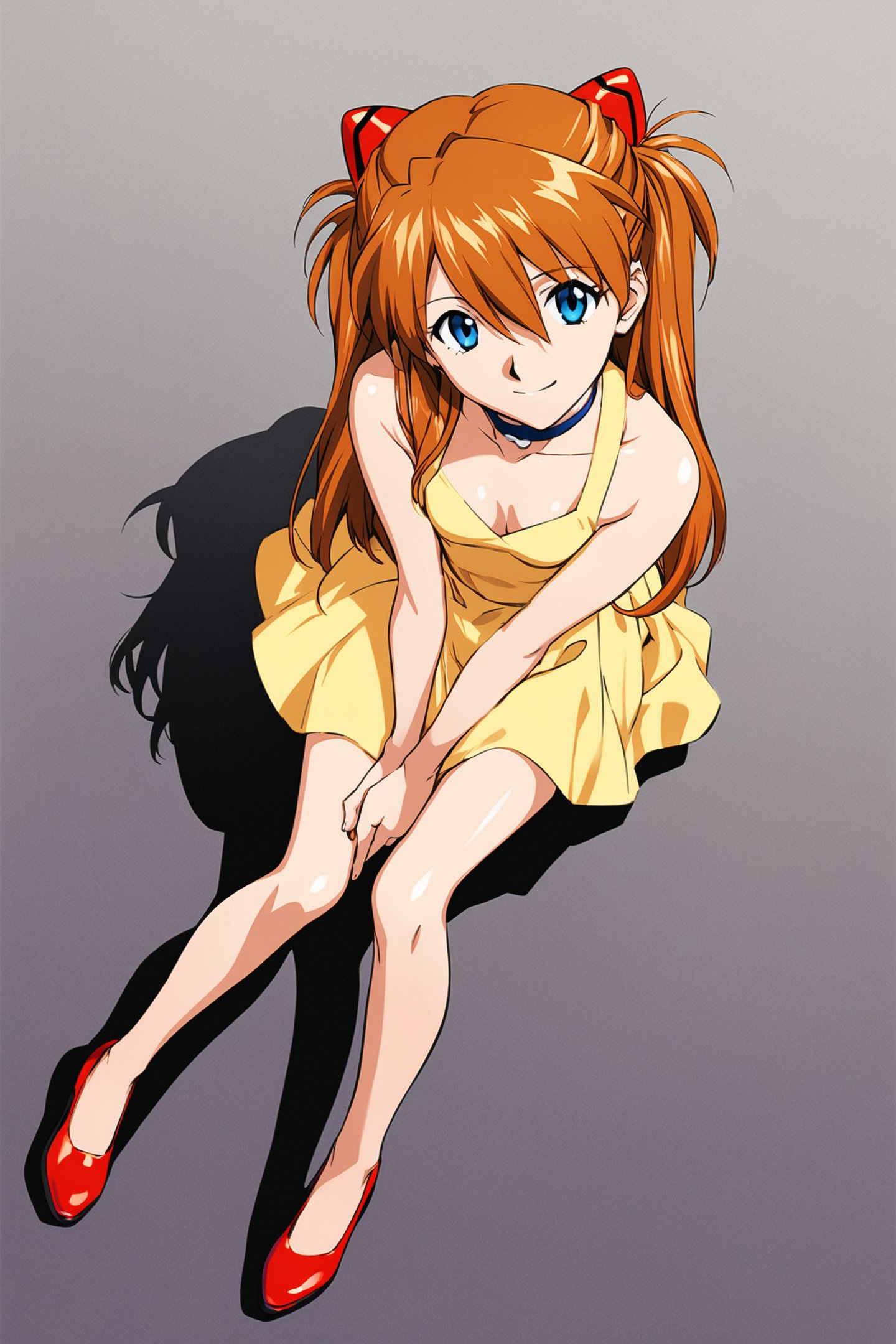 1girl,souryuu asuka langley,yellow dress,dress,solo,shadow,long hair,blue eyes,breasts,gradient,orange hair,gradient background,smile,choker,sitting,shoes,bangs,full body,cleavage,looking at viewer,small breasts,bare shoulders,from above,two side up,yellow background,v arms,light smile,sleeveless,hair ornament,closed mouth,sleeveless dress,<lora:Sadamoto Yoshiyuki_XL_V3:0.8>,