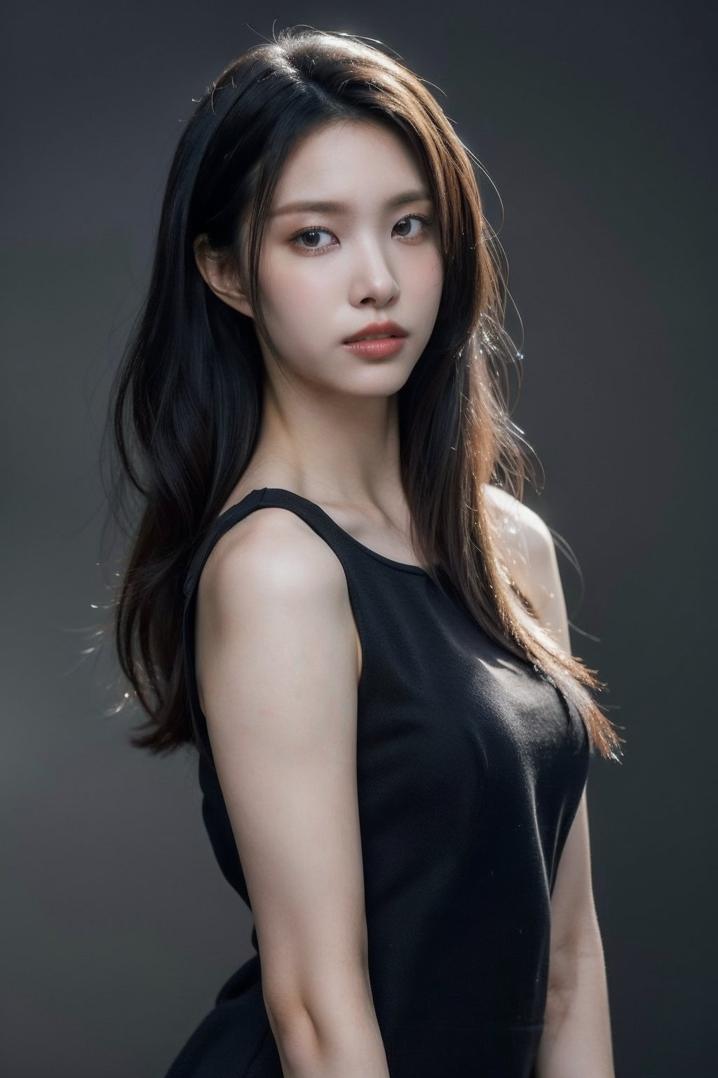 Best quality, masterpiece, ultra high res, (photorealistic:1.4), raw photo,1girl, solo, realistic, looking at viewer, upper body,simple gray background, black dress, <lora:makina69_yunah_v1.0:1>