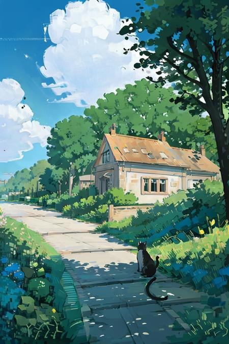 Outdoor, Tree, outdoors, scenery, sign, tree, building, sky, day, road, cat, road sign, blue sky, shadow, house, street, black cat, Sunshine(illustration:1.0), masterpiece, best quality, <lora:summer tree_20230919090103:0.7>