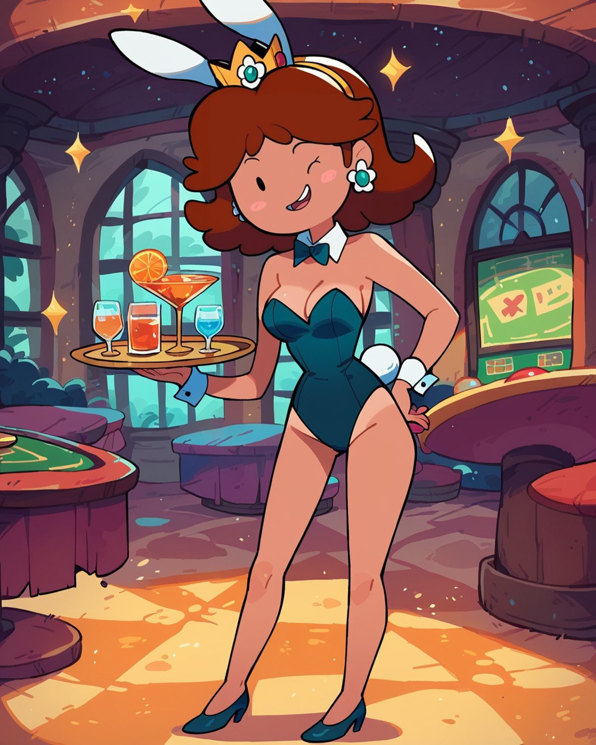 score_9, score_8_up, score_7_up, rating_questionable, 1girl, Princess Daisy, solo, (dot eyes), cute, happy, tan skin, brown hair, playboy bunny, crown, full body, standing, looking at viewer, holding tray, winking, detailed poss, expressive face, indoors, casino, adventure time, <lora:Adventure_Time_Style_LORA:1>