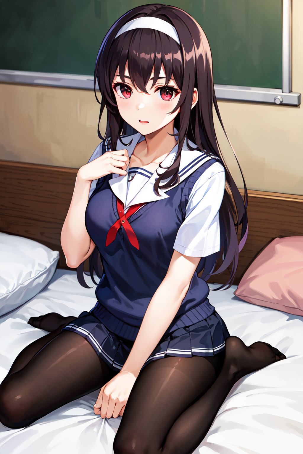 masterpiece, best quality, highres, aautaha, long hair, black hair, hairband, school uniform, sailor collar, sweater vest, blue sweater, white shirt, short sleeves, pleated skirt, blue skirt, (black pantyhose:1.2), <lora:kasumigaoka_utaha_v2-1:0.7>, room, wariza, bed