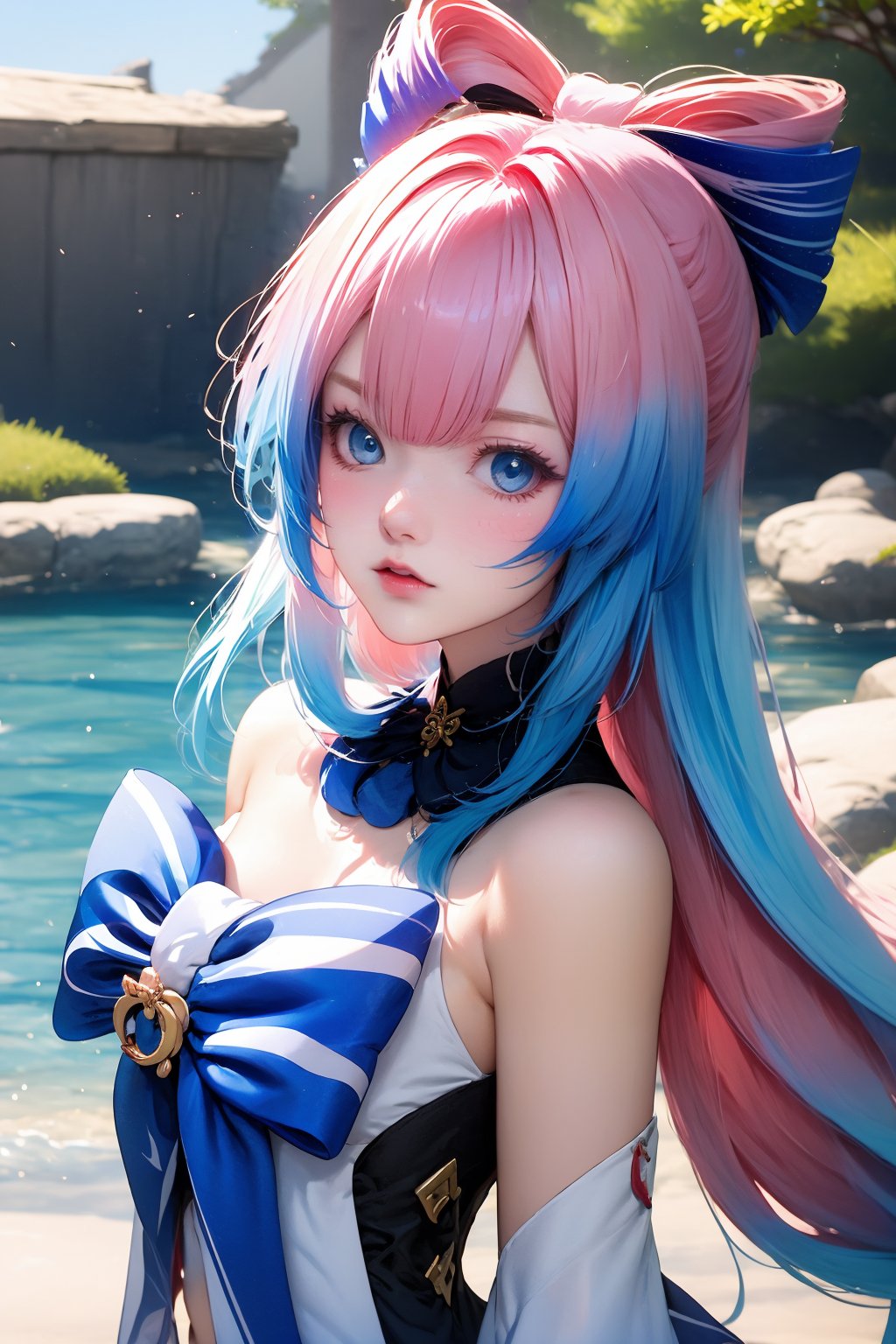 1girl, sangonomiya kokomi, solo, bow-shaped hair, pink hair, long hair, looking at viewer, multicolored hair, outdoors, vision \(genshin impact\), blue hair, breasts, bare shoulders, bow, blue eyes,