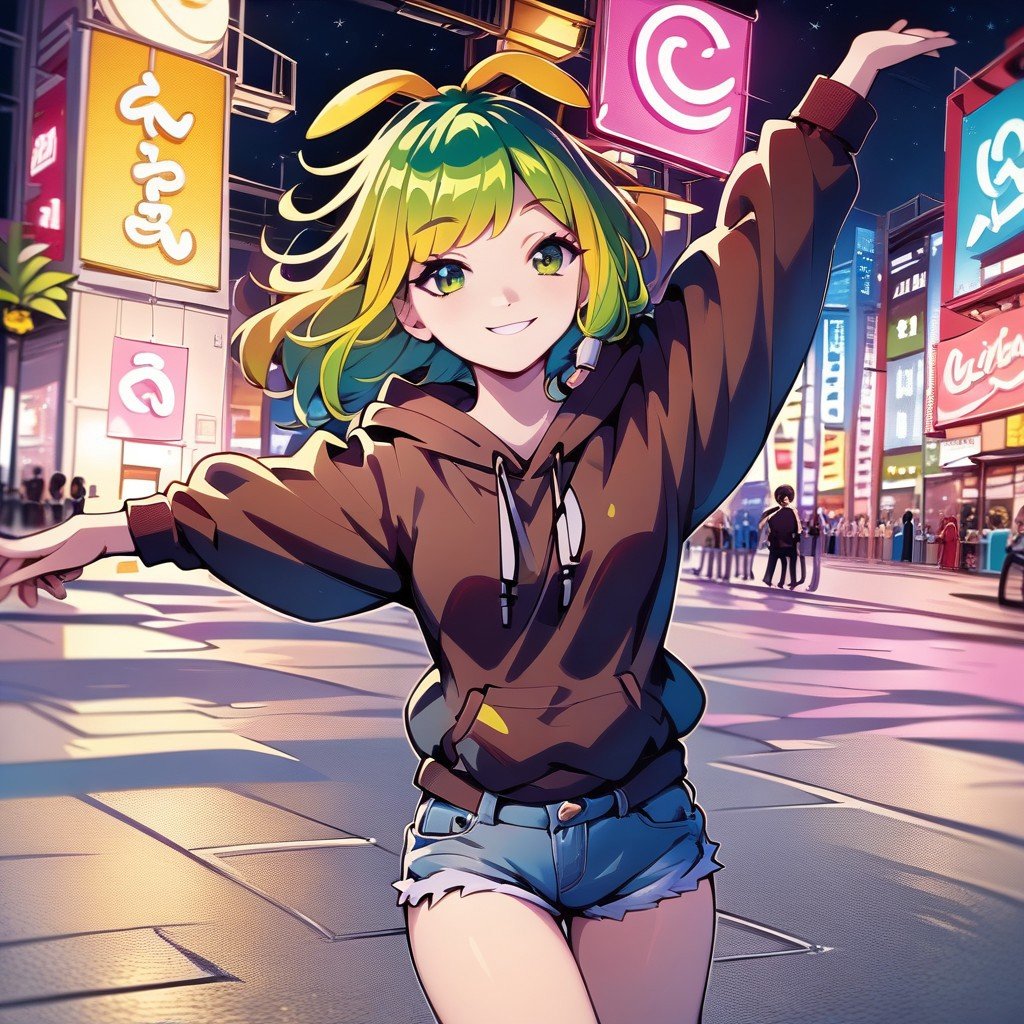 score_9, score_8_up, score_7_up, score_6_up, score_5_up, score_4_up, banchan, 1girl, solo, brown hoodie, denim shorts, light smile, dancing, beach, night scene, neon light<lora:Bananochan-PonySDXL-v2:1>