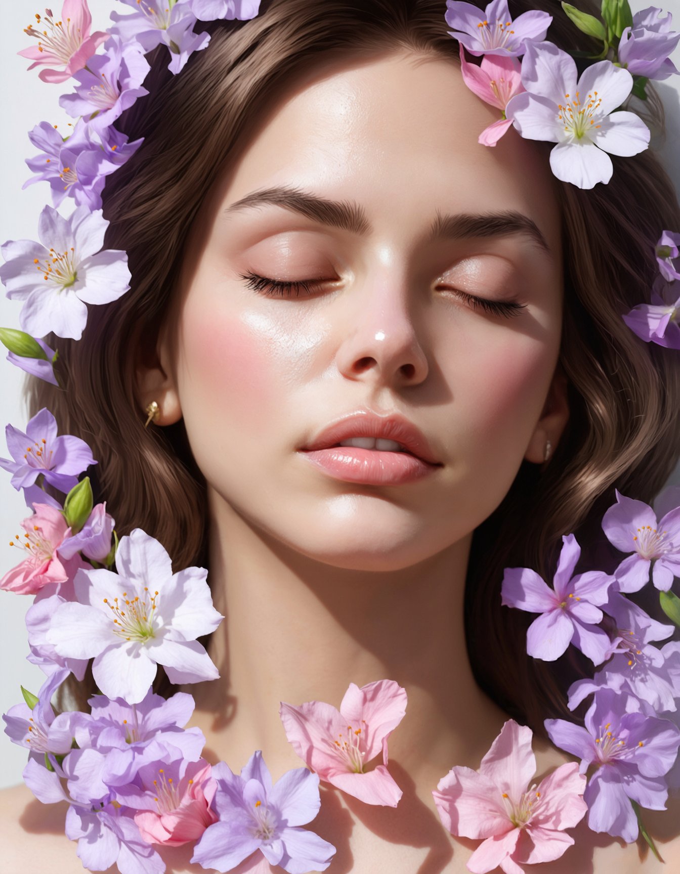 (digital art, ultra-realistic, high detail, high resolution, photorealistic) close-up of a serene human face with eyes closed, delicate and translucent petals and floral elements intertwined with the face, creating a harmonious and ethereal appearance, soft and pastel colors with shades of lavender, pink, and peach, intricate line work and texture on the petals, smooth skin texture, subtle and soft lighting, dreamy and surreal atmosphere, emphasis on the blending of human and floral elements, highlighting the delicate and fragile beauty