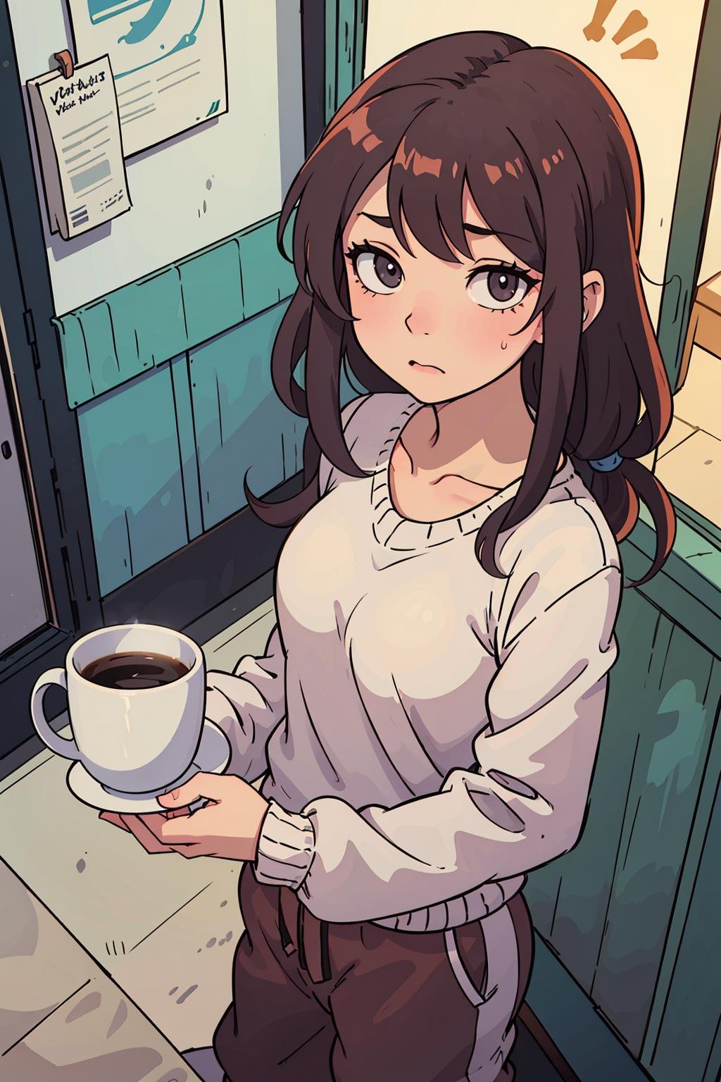 (best quality:0.8) perfect anime portrait illustration, front forward, a woman wearing cozy sweatpants looking tired in the hallway after waking up, holding a small mug of coffee