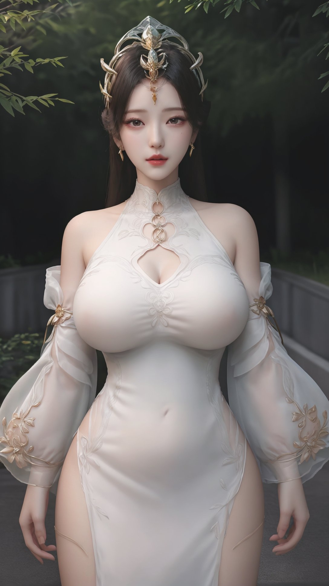 (1girl),smooth chin,masterpiece,detailed face,((hair ornament)),top quality,4k,make up,best quality,large breasts,(looking at viewer),green line on white dress,hair pin,detached sleeves,mature female,forehead mark,<lora:柳神SD1.5_v1.0:0.85>,gown,aged up,on street,ribbon,arms behind back,open arms,full body,spread arms,