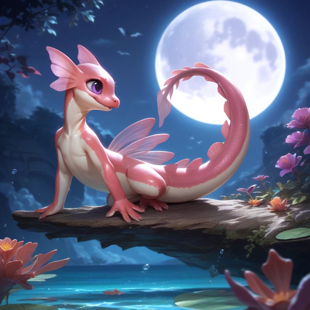 score_9, score_8_up, score_7_up, realism, salamander, cute, epic world, vivid colors, detailed, moonlight, full moon, purple eyes