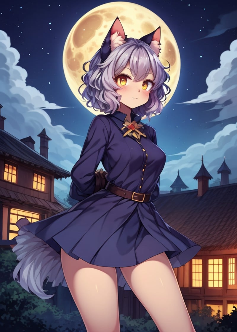 (by Sskomu \(artist\), by Tekahika, by Jotun22, by Kikurage), (neferpitou:1.3), kemono, yellow eyes, purple shirt, orange knee socks, action pose, hands behind back, (bedroom eyes, looking at viewer, three-quarter portrait, three-quarter view:1.25), BREAK, night, glowing, town, fantasy, plant, cloud, yellow moon, detailed background, foreground, depth of field, ambient silhouette, masterpiece, best quality, light, 4k, 2k, photography