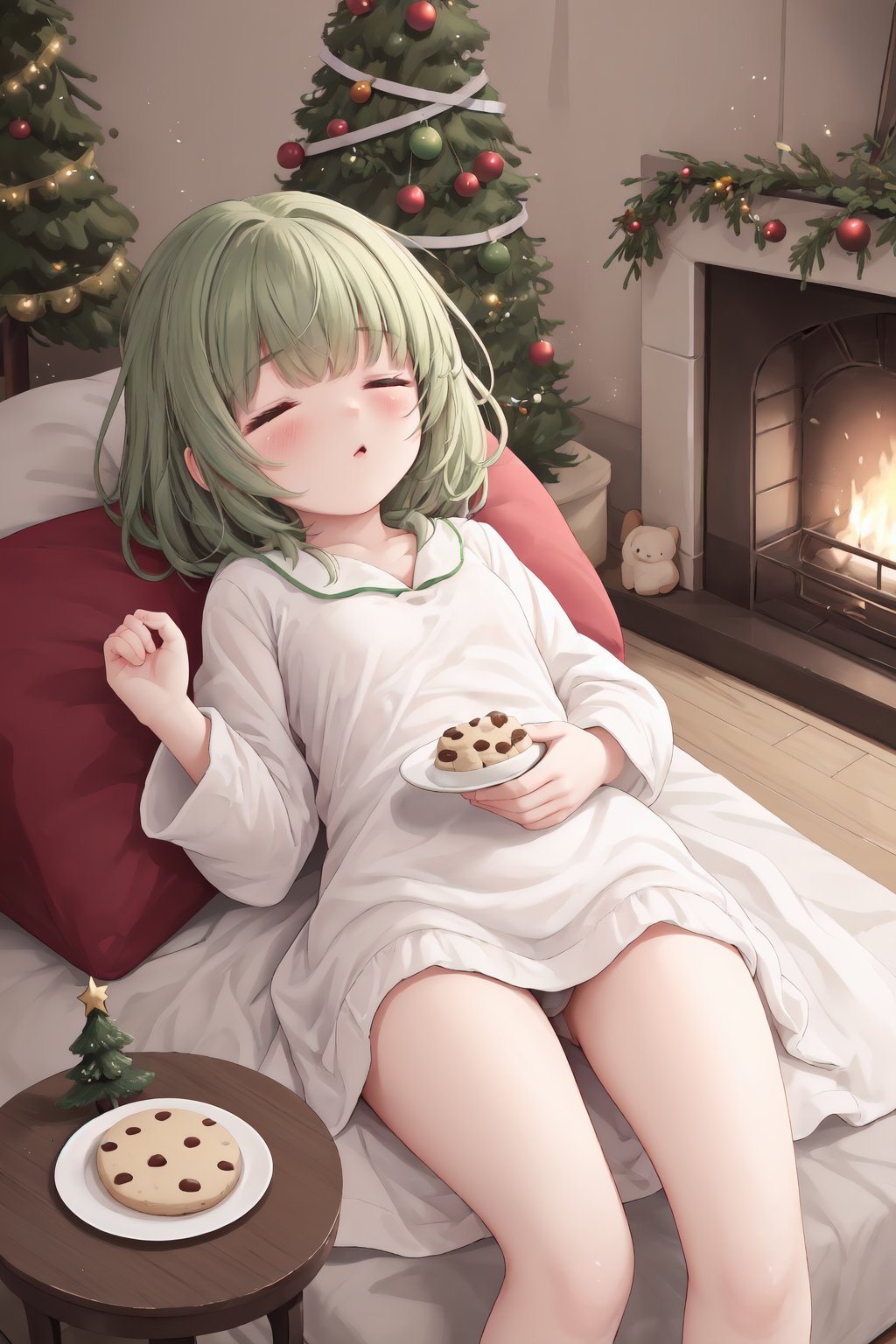 1girl, teenage girl, short red nightgown with green trim, sleeping next to a Christmas tree, sleeping on a plush rug, presents under the tree, milk and cookies on a plate on a table beside the tree, a fireplace near the tree