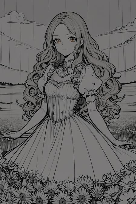 score_9, score_8_up, score_7_up, rating_safe, lineart, flat color, monochrome, greyscale, 1girl, solo, long hair, curly hair, wavy hair, orange hair, orange eyes, looking at viewer, breasts, dress, white dress, puffy sleeves, puffy short sleeves, short sleeves, gloves, elbow gloves, white gloves, cowboy shot, closed mouth, standing, outdoors, field, flower, grass, plant, sky <lora:LineArt Mono Style LoRA_Pony XL v6:1>