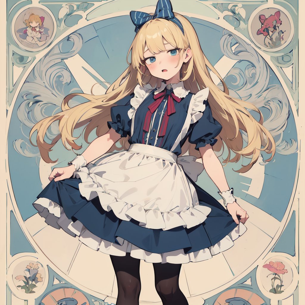 emo girl, analog, (watercolor:0.3), hand drawn, Art Nouveau, rococo, Alphonse Mucha, anime face, surprised expression, blonde long hair, alice in wonderland, apron dress, blouse, ruffle skirt, hair ribbon band, (striped pantyhose:1.1), wear pumps, blue, white