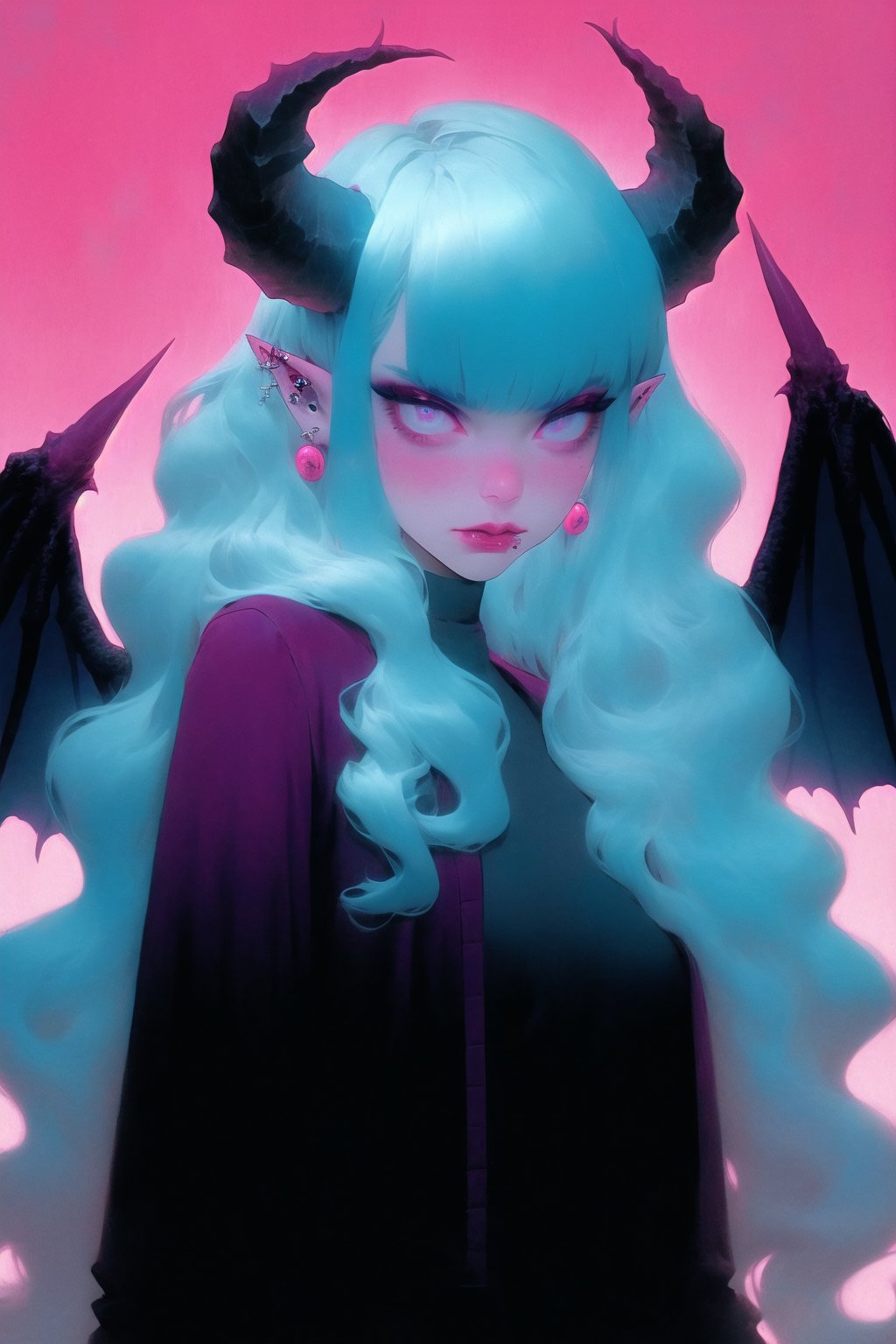 qzqzz, 1girl, long hair, horns, solo, pointy ears, wings, white hair, blue eyes, looking at viewer, piercing, jewelry, earrings, demon girl, ear piercing, demon horns, upper body, jacket, wavy hair, bangs, demon wings, red jacket, pink background,<lora:qzqzz-000020:1>,, masterpiece, best quality,