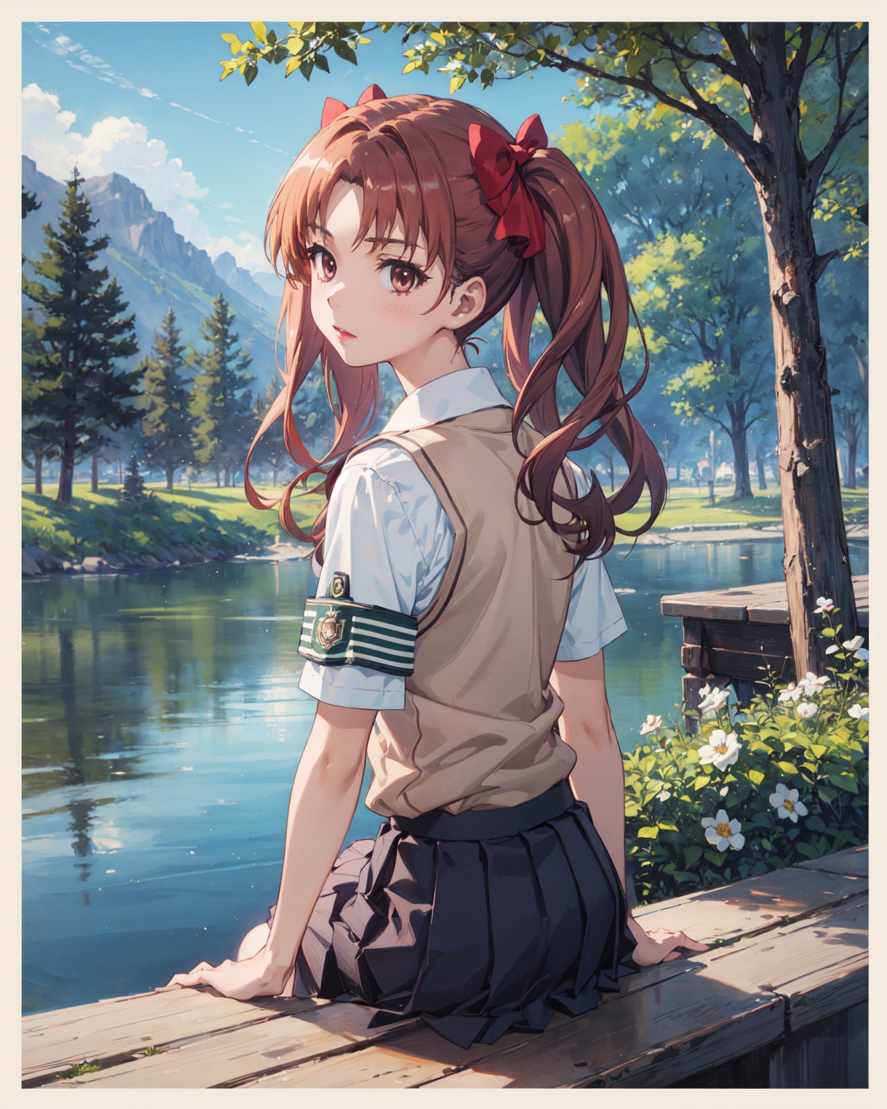 <lora:Kuroko-000003:0.8>,Kuroko CYQL,1girl,looking at viewer,solo,long hair,twintails,brown hair,brown eyes,bow,hair bow,wavy hair,school uniform,sweater vest,summer uniform,armband,skirt,shirt,green armband,pleated skirt,white shirt,v-neck,grey skirt,standing,collared shirt,socks,loafers,(teasing_smile:1.2),beautiful face,beautiful eyes,glossy skin,shiny skin,(portrait,from_back,straddling:1.2),v,Lake, Lakeside, Forest, Trees, Reflection, Serenity, Wildlife, Tranquility,Lilies,beautiful detailed sky,beautiful detailed glow,(English text:1.3),(border:1.5),posing in front of a colorful and dynamic background,(masterpiece, best quality, beautiful and aesthetic:1.3),contrapposto,female focus,fine fabric emphasis,wallpaper,fashion,Lipstick,depth of field,intricate_detail,finely_detailed,fine_fabric_emphasis,(glossy),<lora:增强减少细节add_detail:0.4>,