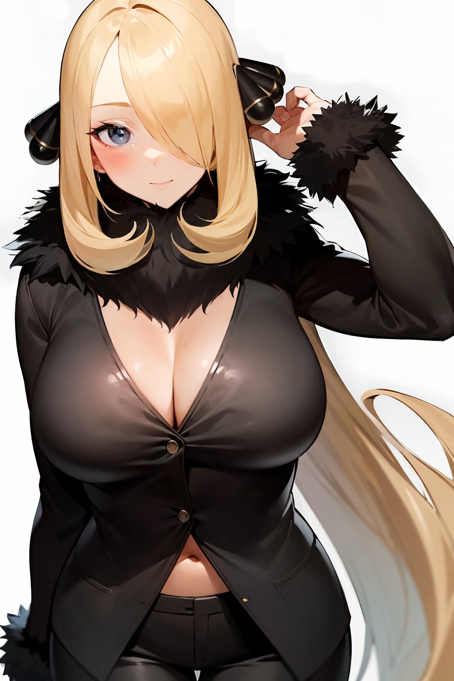 (masterpiece, best quality), 1girl, (solo), looking at viewer,<lora:Cynthia (Ikuchan Kaoru)-offset:1>, cynthia-IK, blonde hair, hair ornament, hair over one eye, long hair, large breasts,fur trim, pants, coat, fur collar, long coat, black coat, black pants, black outfit, 