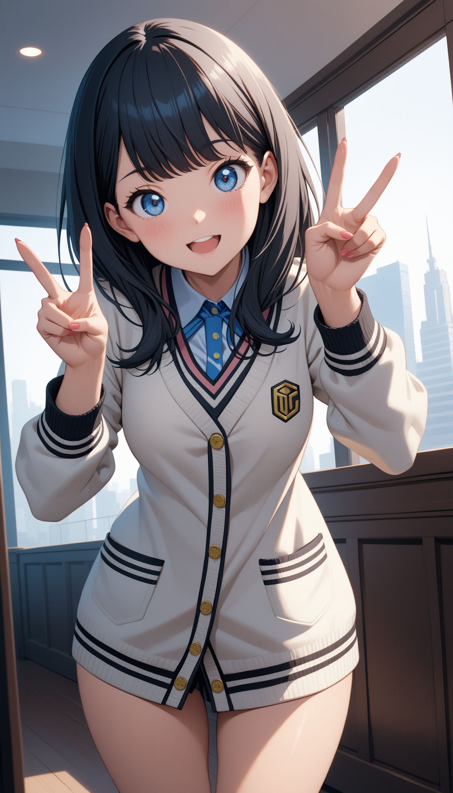 (masterpiece, best quality, very aesthetic, ultra detailed), intricate details,1girl, takarada rikka, gridman universe, solo, standing, v pose, happy, looking at viewer, indoors, cinematic angle