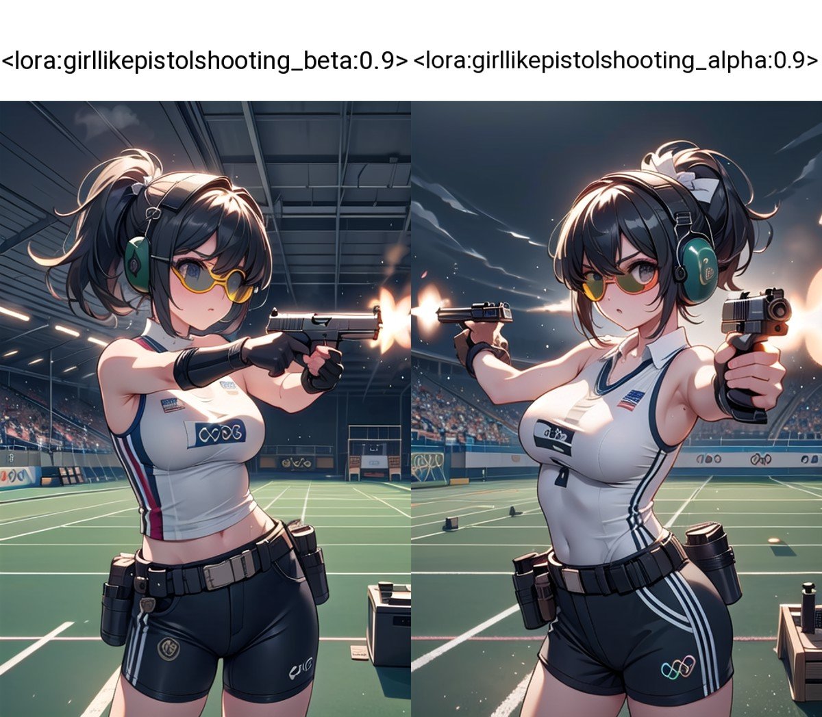 ((pistol shooting)), ((firing range)), (holding air handgun), outstretched arm, muzzle flash, aiming at viewer and target, player uniform, sleeveless, sports shorts, ear defenders, fingerless gloves, olympic games venue, wind, steam, sweat, shadow, 1girl, big tits, standing, (((dark tinted eyewear))), <lora:girllikepistolshooting_beta:0.9>