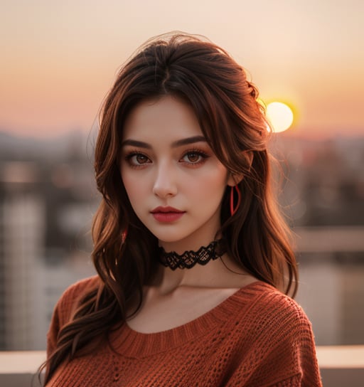 1 young cute iranian girl,very slim,skinny,redhead,rouge,red neck lace choker,cateyes makeup,colorful,oversize knit jumper,softcore,warm lighting,cosy atmosphere,Instagram style,red theme,upper body shot,(cinematic, black and red:0.85),(sunset beautiful background:1.3),sharp,dim colors,