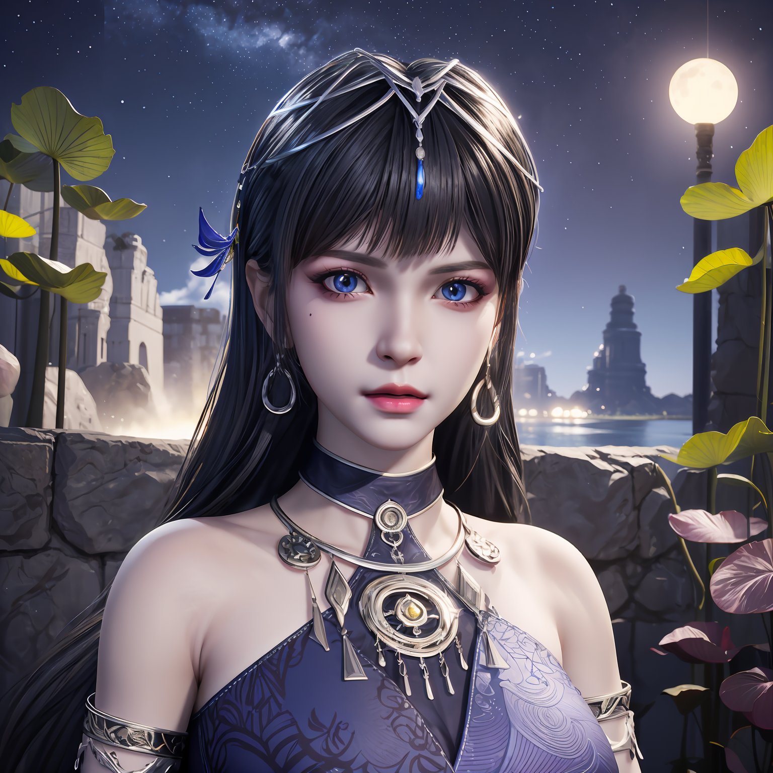 masterpiece,best quality,official art,extremely detailed CG unity 8k wallpaper,realistic,light rays,light particles,1girl,earrings,solo,jewelry,black_hair,long_hair,upper_body,blue_eyes,blue_ribbon,armlet,breasts,blue theme,scenery,reflection,outdoors,lotus leaf,(lotus:1.3),lake water,blue sky,white cloud,long_hair,earrings,hair_ornament,dynamic pose,looking at viewer,cowboy shot,