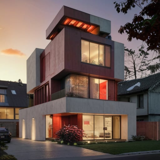 real architecturezz photo a espectacular modern house, in the city, whit wood and red metal finishes <lora:Real architecture 1.8:1>, perfect photo of high tech cupola building, beautiful place, extremely detailed, aesthetic, vibrant, evening, striking design