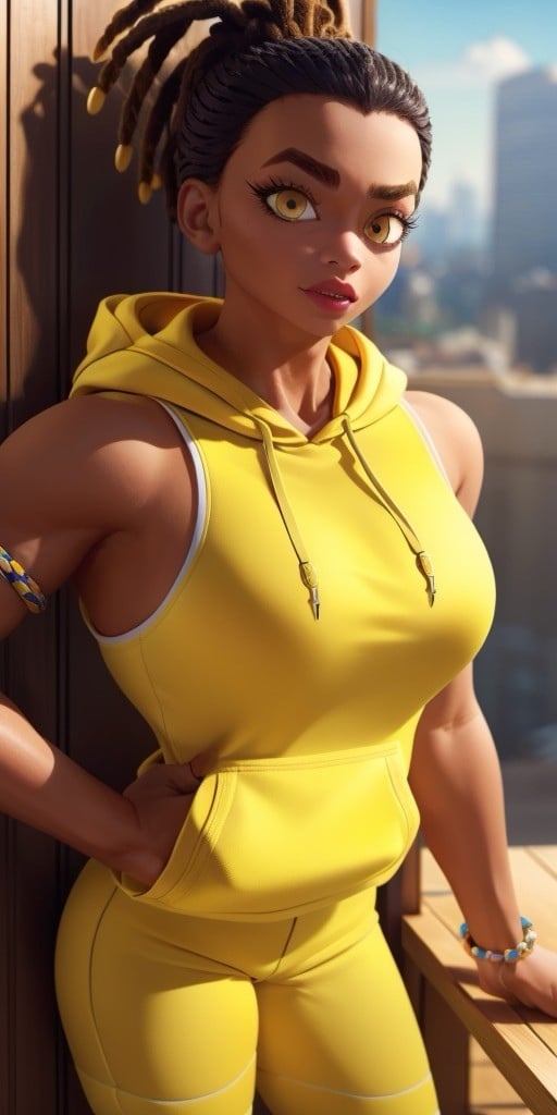 Hyperrealistic, photorealistic, super detailed, (((yellow hoodie))), yellow pants, orangeish black hair, hair is in dreadlocks in a high ponytail style, vivid amber eyes, left eyebrow has what appears to be a slit going through it, beauty mark underneath her right eye, body like in real life, large pores, muscular, brown-skinned, beautiful arms, fingernails are painted with black nail polish, medium breasts, unreal engine, octane render, droped shadow, bokeh, cinematic lighting, <lora:add_detail:0.5>, <lora:Volumetric_lighting:0.6>, , <lora:cc882da8-fed4-404f-a239-f3a7e96e7b73:0.7>