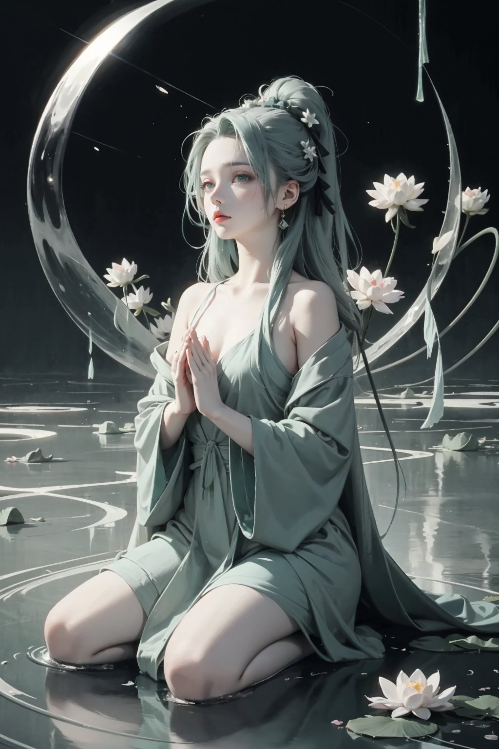 1girl, solo, best quality, ethereal alien landscape, floating in lotus position, deep contemplation, hands in prayer, long flowing pale green hair, glowing celestial markings, diaphanous robes, spiritual, transcendent, Atmosphere_X