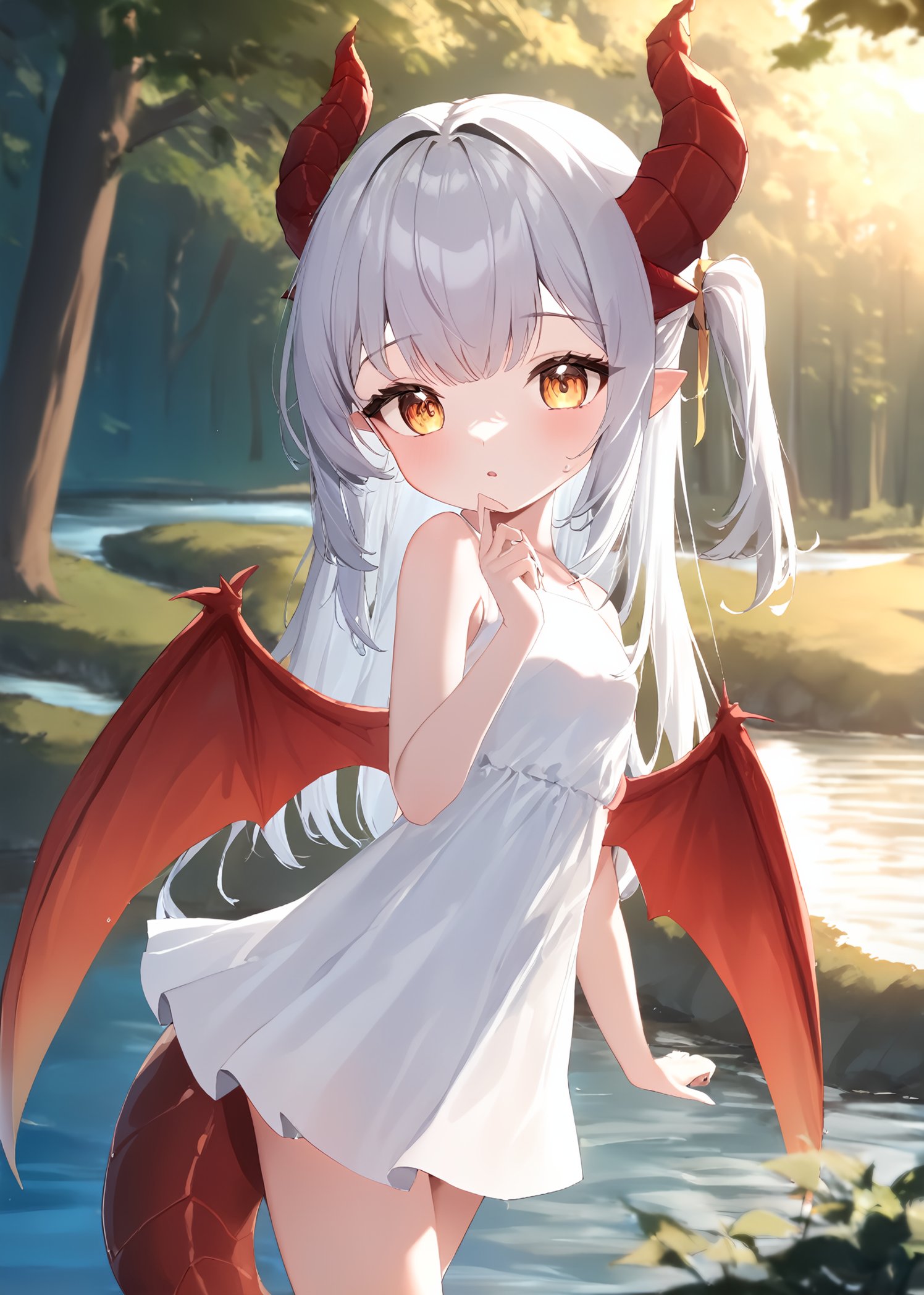 1girl,solo, dragon girl,  dragon tail, dragon wings, dragon horns, white dress, long hair, side up, river, tree, forest,masterpiece, best quality, absurdres, highres, recent, newest, sensitive