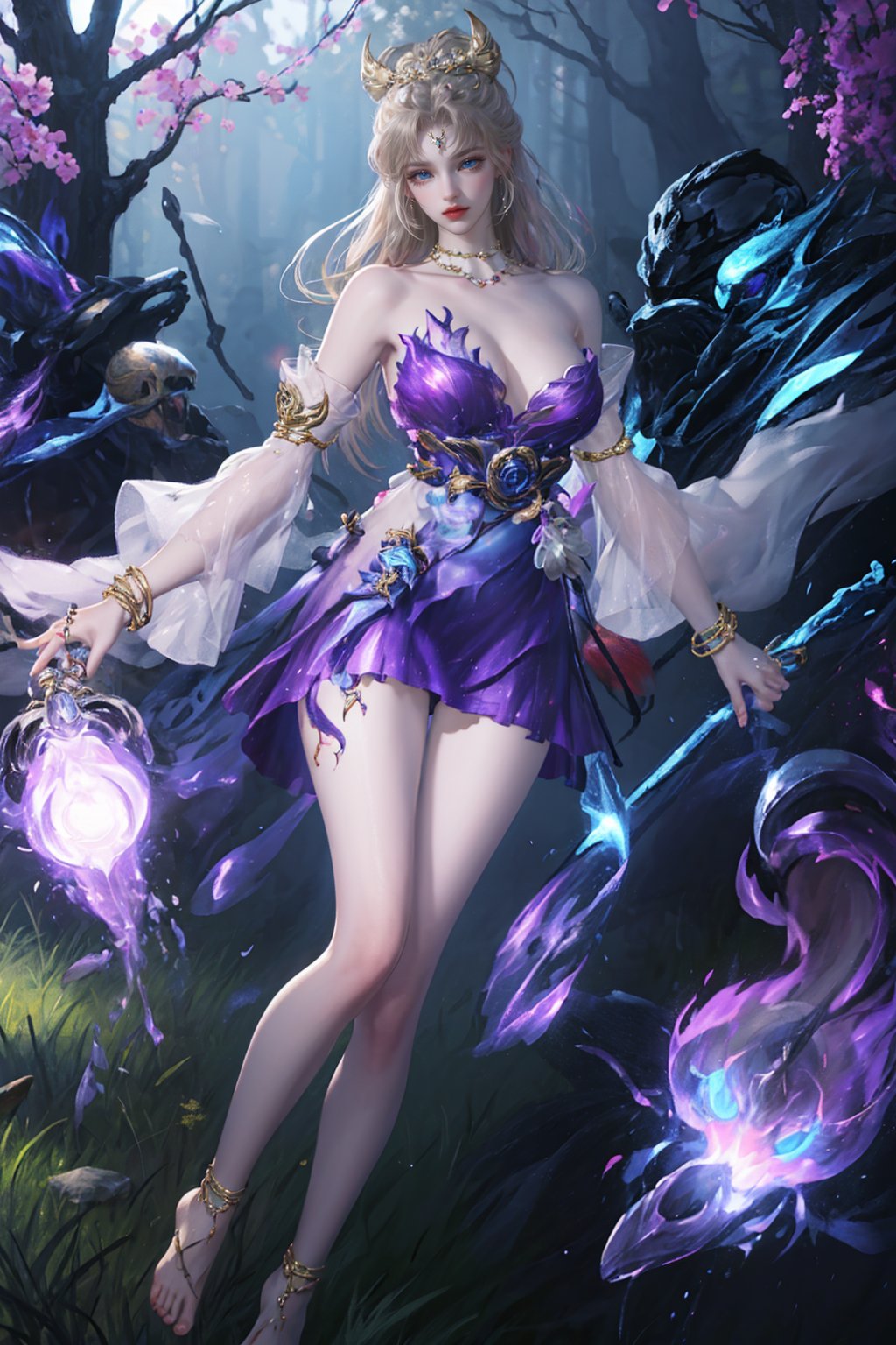 future003,bare shoulders,blue eyes,bracelet,detached sleeves,dress,hair ornament,jewelry,long hair,looking at viewer,purple dress,tail,barefoot,thigh gap,<lora:future003-yulinglong:0.7>,lawn,on ground,, best quality,masterpiece,highres,official art,extremely detailed cg unity 8k wallpaper,