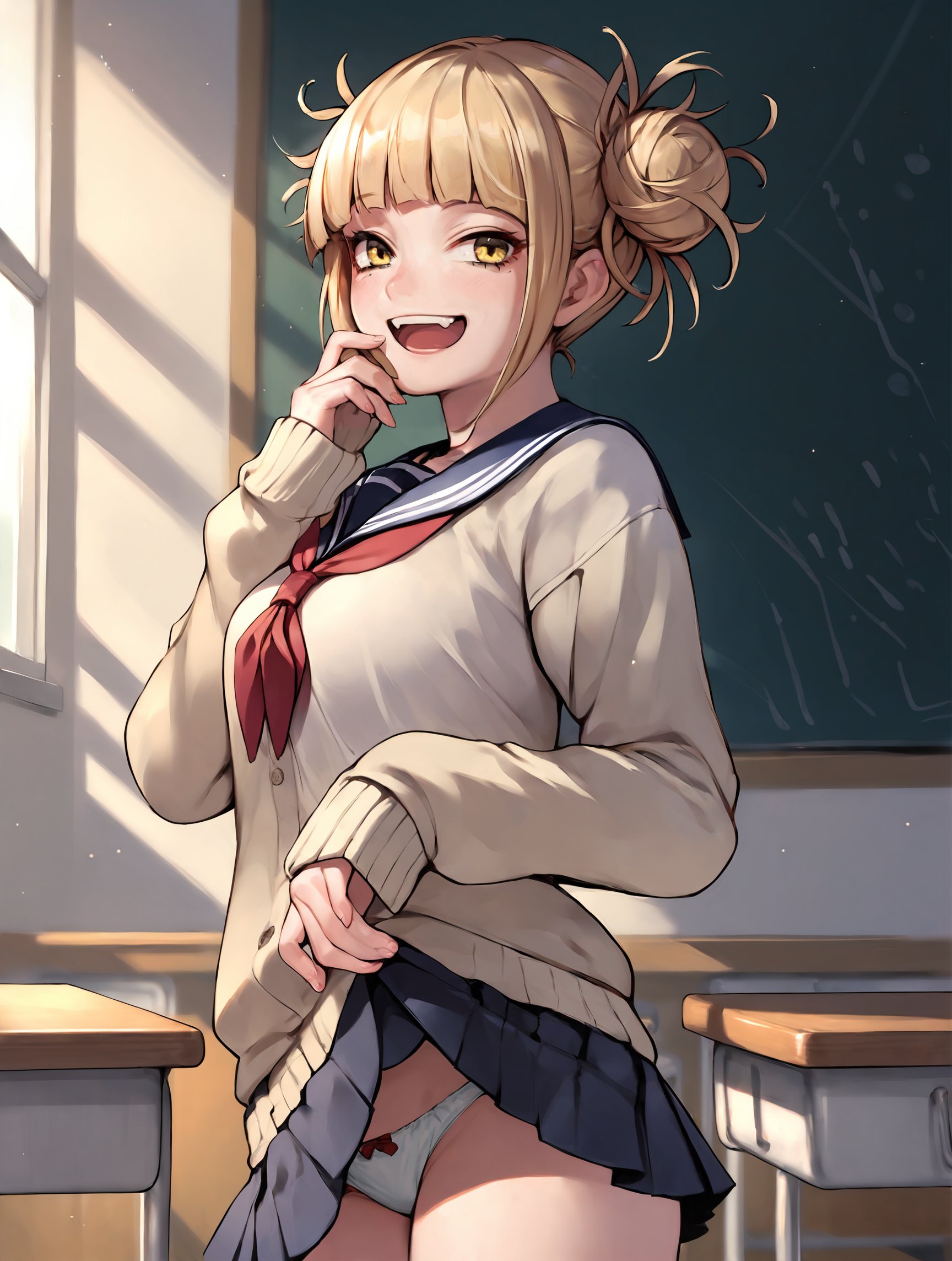 score_9, score_8_up, score_7_up, score_6_up,source_Anime, 1girl, h1m1k0t0g4, yellow eyes, short hair, blunt bangs, hair bun, messy hair, smile, open mouth, fang, medium breast, serafuku, cardigan, blue sailor collar, skirt, in a classroom,  skirt lift, panties, <lora:HimikoTogaByJuninholara21:1>