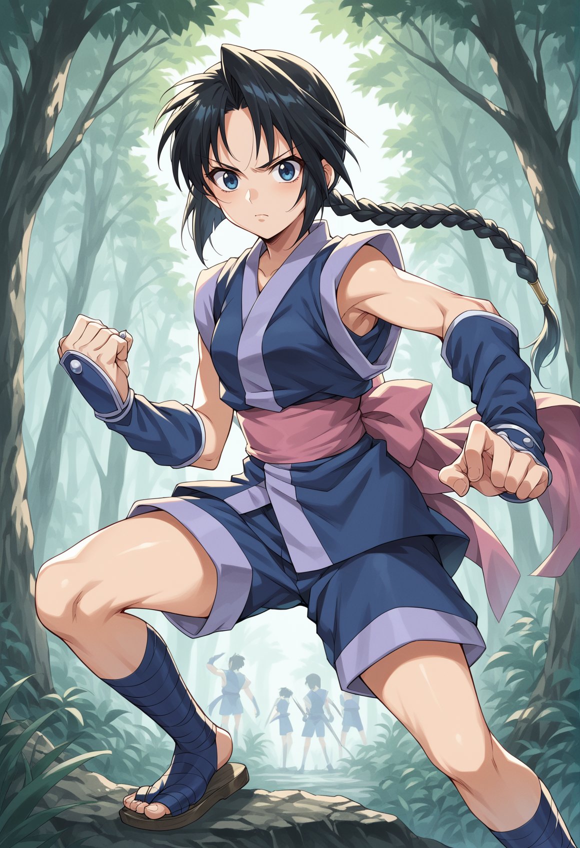 1girl, long hair, black hair, blue eyes, braid, ninja, sleeveless, obi, ribbon, shorts, arm warmers, leg wrap, tabi, sandals, forest, oudtoors, serious, fighting stance, holding weapon, kunai <lora:Misao:1>, score_9, score_8_up, score_7_up, score_6_up, score_5_up, score_4_up, BREAK source_anime, masterpiece