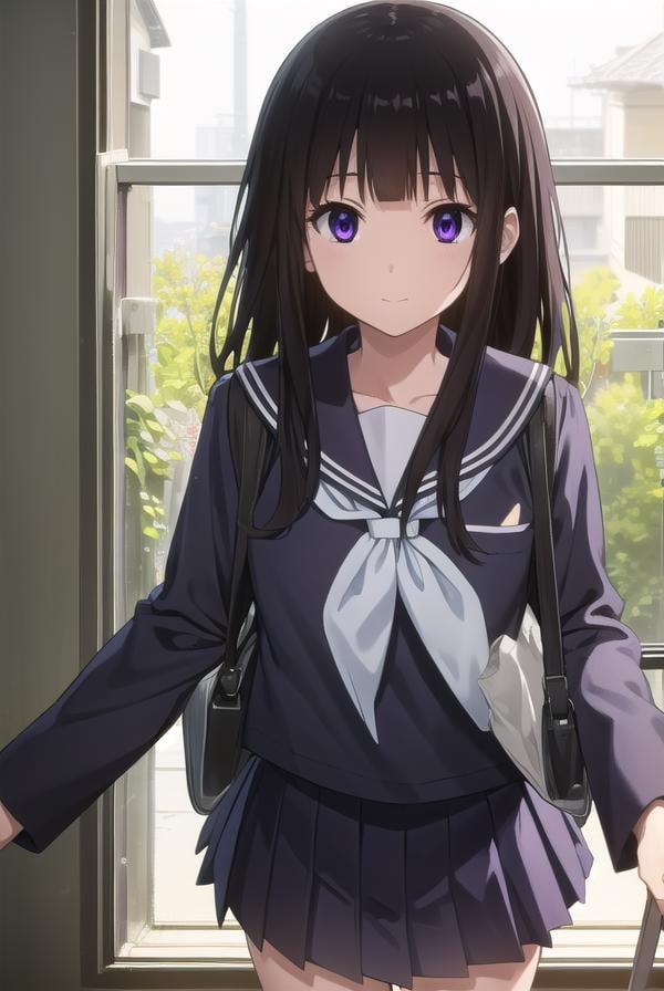 eruchitanda, <lora:eru chitanda s1-lora-nochekaiser:1>,eru chitanda, long hair, black hair, bangs, blunt bangs, (purple eyes:1.1), sidelocks, smile,BREAK skirt, school uniform, serafuku, kamiyama high school uniform \(hyouka\), black skirt, long sleeves, black sailor collar,BREAK indoors, classroom,BREAK looking at viewer, (cowboy shot:1.5),BREAK <lyco:GoodHands-beta2:1>, (masterpiece:1.2), best quality, high resolution, unity 8k wallpaper, (illustration:0.8), (beautiful detailed eyes:1.6), extremely detailed face, perfect lighting, extremely detailed CG, (perfect hands, perfect anatomy),