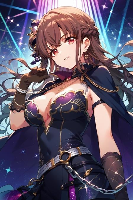 score_9, score_8_up, score_7_up, score_6_up, 1girl, <lora:Amano_Airi:0.9> amano, solo, breasts, long hair, gloves, red eyes, jewelry, hair ornament, cape, brown hair, chain, braid, earrings, cleavage, rave