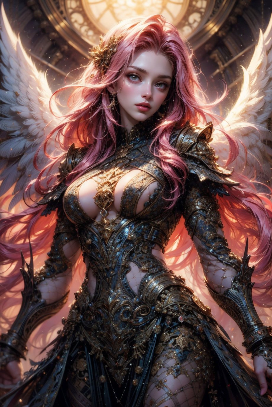 absurdres, (best quality:1.1), (masterpiece:1.2), beautiful detailed, (wide landscape, 8k), depth of field, highres, beautiful and aesthetic, High quality, beautiful, (zentangle, mandala, tangle, entangle:0.6), magical, pink hair, angel wings