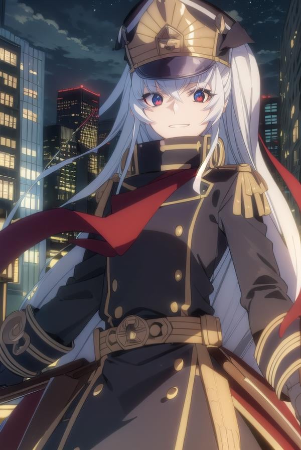 recreatorsaltair, <lora:recreators altair s1-lora-nochekaiser:1>, altair, long hair, (red eyes:1.3), very long hair, white hair, smile, grin,BREAK gloves, hat, uniform, military, military uniform, shako cap,BREAK outdoor, city, night, sky, buildings, moon, clouds,BREAK looking at viewer, (cowboy shot:1.5),BREAK <lyco:GoodHands-beta2:1>, (masterpiece:1.2), best quality, high resolution, unity 8k wallpaper, (illustration:0.8), (beautiful detailed eyes:1.6), extremely detailed face, perfect lighting, extremely detailed CG, (perfect hands, perfect anatomy),