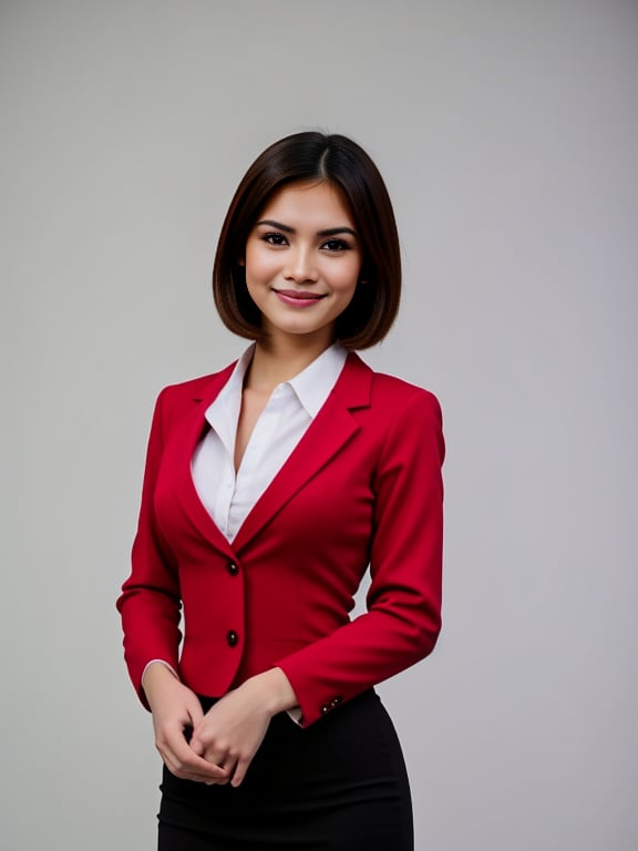 1girl, Flight attendants in classic red outfits, complete with a double-breasted blazer, pencil skirt, and a white silk tie, photographic-background, optimal-lighting, (((physically-realistic))), <lora:LCMv15:0.8> <lora:Elixir:1> <lora:Southeast Asian Women_epoch_3:0.8>