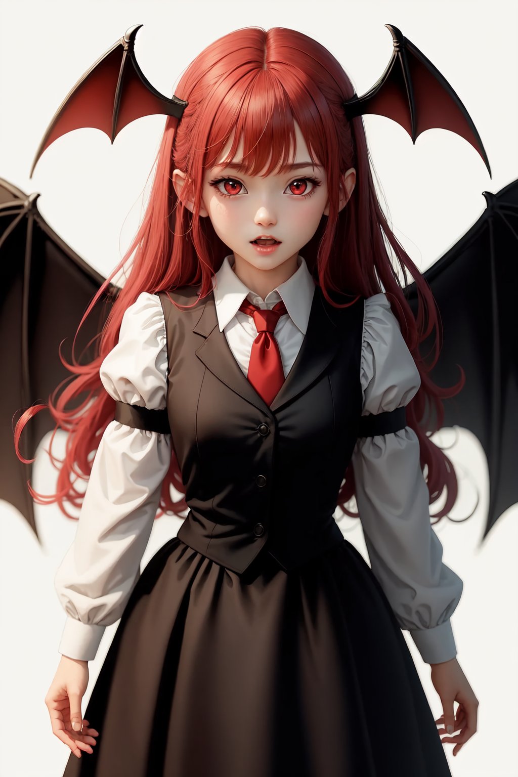 koakuma,1girl,head_wings,bat_wings,solo,red_necktie,open_mouth,black_vest,white_shirt,looking_at_viewer,simple_background,blush,long_sleeves<lora:koakuma:1>,simple background,white backgroundmasterpiece,best quality, highly detailed, 