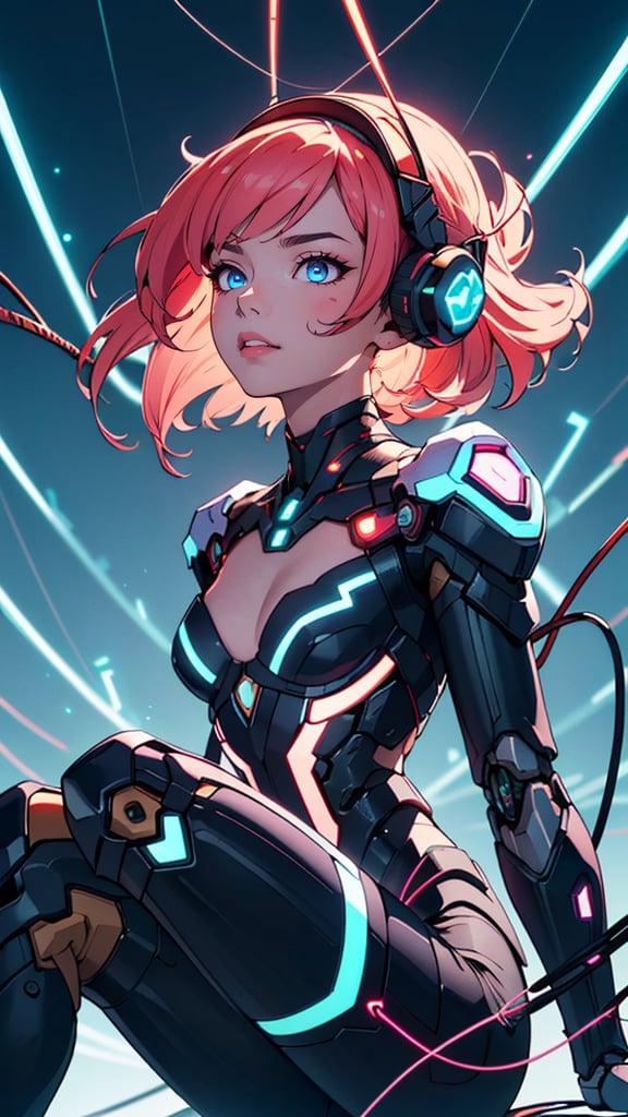 (best quality, masterpiece, perfect face, beautiful and aesthetic:1.2, colorful, dynamic angle, highest detailed face)((Full shot)), (highly detailed illustration), ((Chest covered)), ((1mechanical girl)), solo, (lucent nacre exoskeleton) ((upper torso hanging by gloing wires)), ((Hanging by glowing wires and glowing tubes)), (machine made joints:1.2), ((machanical limbs)), (blood vessels connected to glowing tubes), (mechanical vertebra attaching to back), ((mechanical cervial attaching to neck)), (sitting), (chest covered), (glowing wires and glowing cables attaching to neck:1.2), (glowing wires and glowing cables on head:1.2), (character focus), science fiction, extreme detailed, colorful,, 35mm, bokeh, 9:16, (intricate details, hyperdetailed:1.15), detailed, sunlight passing through hair (high contrast, official art, extreme detailed, highest detailed),