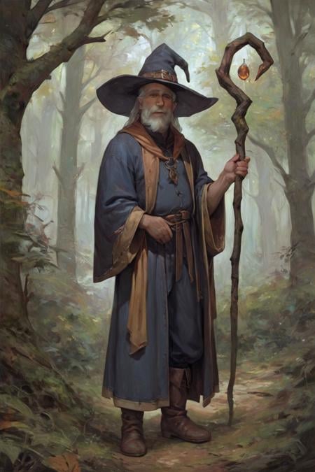 score_9, score_8_up, score_7_up, wizard, old, 1boy, old man, male focus, hat, beard, solo, staff, witch hat, facial hair, forest, nature, robe, long hair, looking at viewer, tree, holding, white hair, outdoors, holding staff, boots <lora:Oil Gothic Painting Style SDXL_LoRA_Pony Diffusion V6:1>