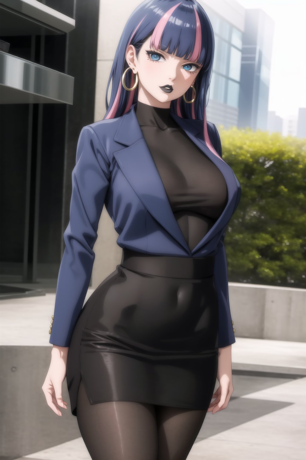 masterpiece, best quality, highres,Sexy,black lips:1.3, makeup:1.2, lipstick:1.2,eida, long hair, blue eyes, blue hair, pink hair, multicolored hair, blunt bangs, two-tone hair, earrings ,hoop earrings, formal:1.2, office lady,, black suit, white shirt, open suit, black pencil skirt, pantyhose, elegant, outdoors, modern, looking at viewer, best quality, ,lips<lora:EMS-93-EMS:0.400000>, <lora:EMS-40430-EMS:0.500000>, <lora:EMS-401523-EMS:0.800000>