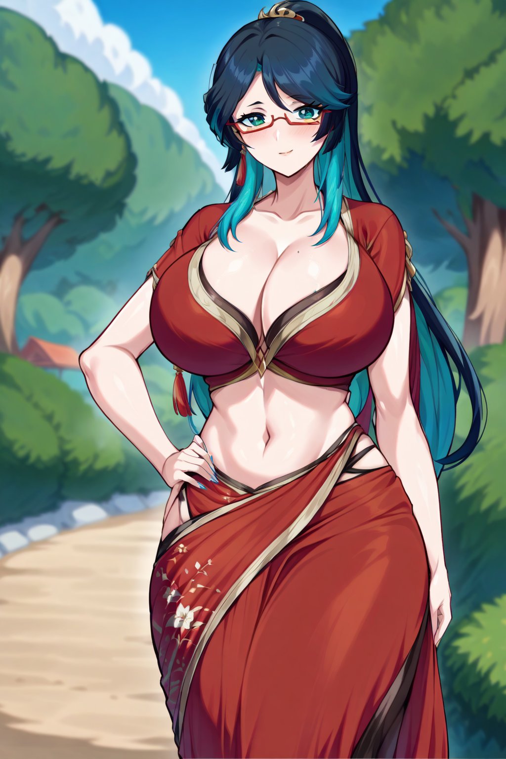 xianyunexp, genshin_imapct_\(game\), , saree, (red saree), blouse, indian dress, indian saree, 1girl, green eyes, black hair, glasses, cowboy shot, navel, midriff, solo, huge breasts, cleavage, clear image, beautiful artwork, illustration, light smile, cowboy shot, standing, blurry background, scenery, blue_sky, park, nature, foot out of frame, saree, indian saree, (saree color),mature female, milf<lora:EMS-346080-EMS:0.900000>, <lora:EMS-289376-EMS:0.700000>, <lora:EMS-292858-EMS:0.800000>