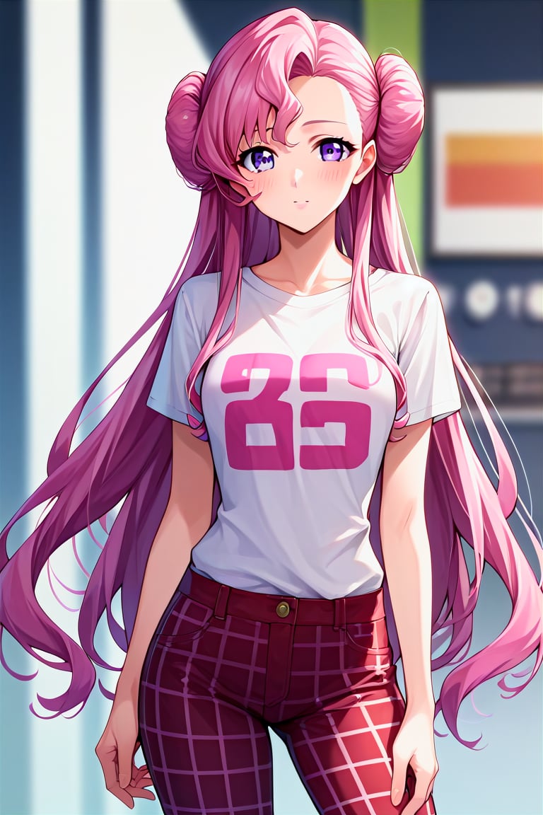 score_9, score_8_up, score_7_up, score_6_up, score_5_up, score_4_up, rating_questionable, , source_anime, digital illustration, pixiv, fanbox, uncensored, , BREAK, official art,1girl, female, euphemia li britannia, pink hair, long hair, purple eyes, double bun,  shirt, pants, printed, shirt tucked in, checkered, checkered clothes,  blush, looking at viewer, cowboy shot, colorful, vivid,<lora:Euphemia_li_Britannia_XL:0.8>