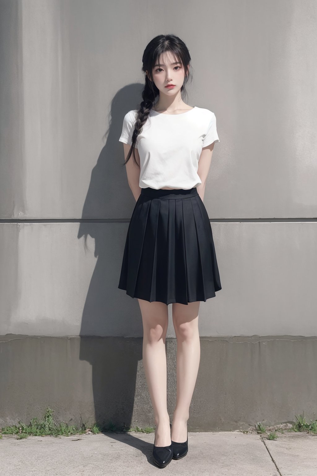 1girl, against wall, arms behind back, black hair, braid, full body, grey skirt, hair over shoulder, long hair, looking at viewer, pleated skirt, shirt, shoes, short sleeves, skirt, solo, standing, twin braids <lora:国际超模脸:0.8>