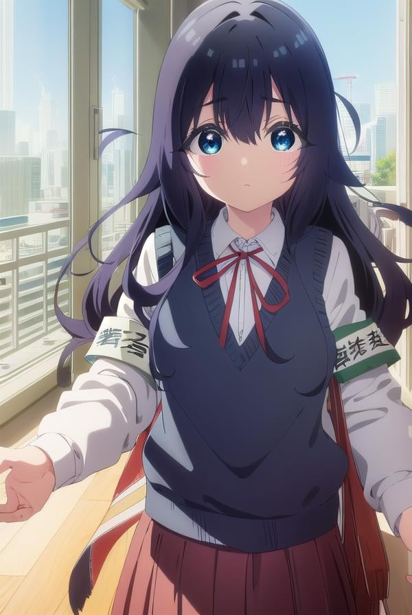 shizukayoshimoto, <lora:shizuka yoshimoto s1-lora-nochekaiser:1>,shizuka yoshimoto, long hair, bangs, blue eyes, black hair, hair between eyes, wavy hair,BREAK skirt, shirt, ribbon, school uniform, white shirt, pleated skirt, red ribbon, neck ribbon, armband, sweater vest,BREAK indoors, classroom,BREAK looking at viewer, (cowboy shot:1.5),BREAK <lyco:GoodHands-beta2:1>, (masterpiece:1.2), best quality, high resolution, unity 8k wallpaper, (illustration:0.8), (beautiful detailed eyes:1.6), extremely detailed face, perfect lighting, extremely detailed CG, (perfect hands, perfect anatomy),