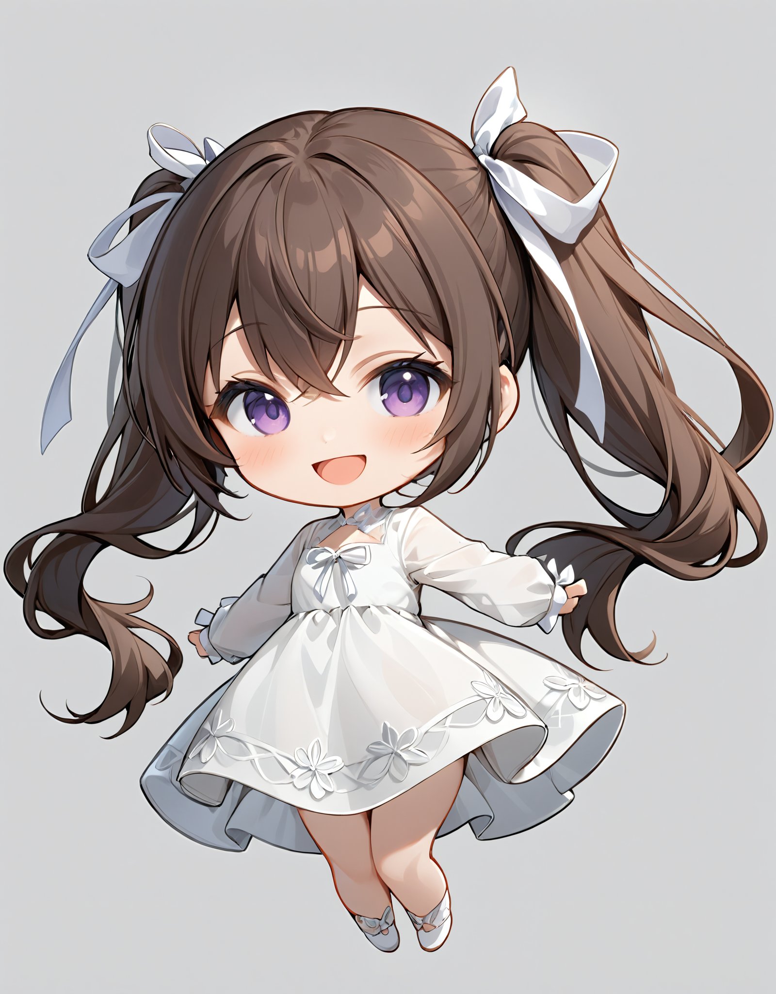 highres,best quality, 1girl, :d, blush, brown hair, chibi, dress, floating hair, grey background, hair between eyes, hair ribbon, long hair, long sleeves, looking at viewer, open mouth, purple eyes, ribbon, simple background, sleeves past wrists, smile, solo, twintails, upper body, white dress, white ribbon