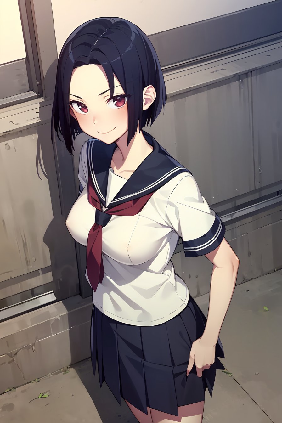 (masterpiece, best quality), 1girl, (solo), looking at viewer,smile, closed mouth,<lora:AngryExGF (Stopman)-offset:1>, Angry-Ex-GF, red eyes, breasts, forehead,school uniform, neckerchief, sailor necktie, sailor uniform, skirt, pleated skirt, white uniform, short sleeves