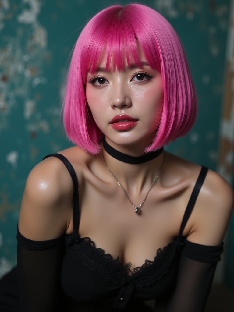 A striking abstract pornography shoot featuring a beautiful pink supermodel with a straight pink bob hairstyle in sexy obscure clothes,cleavage,obscure locations,obscure poses,obscure make up,