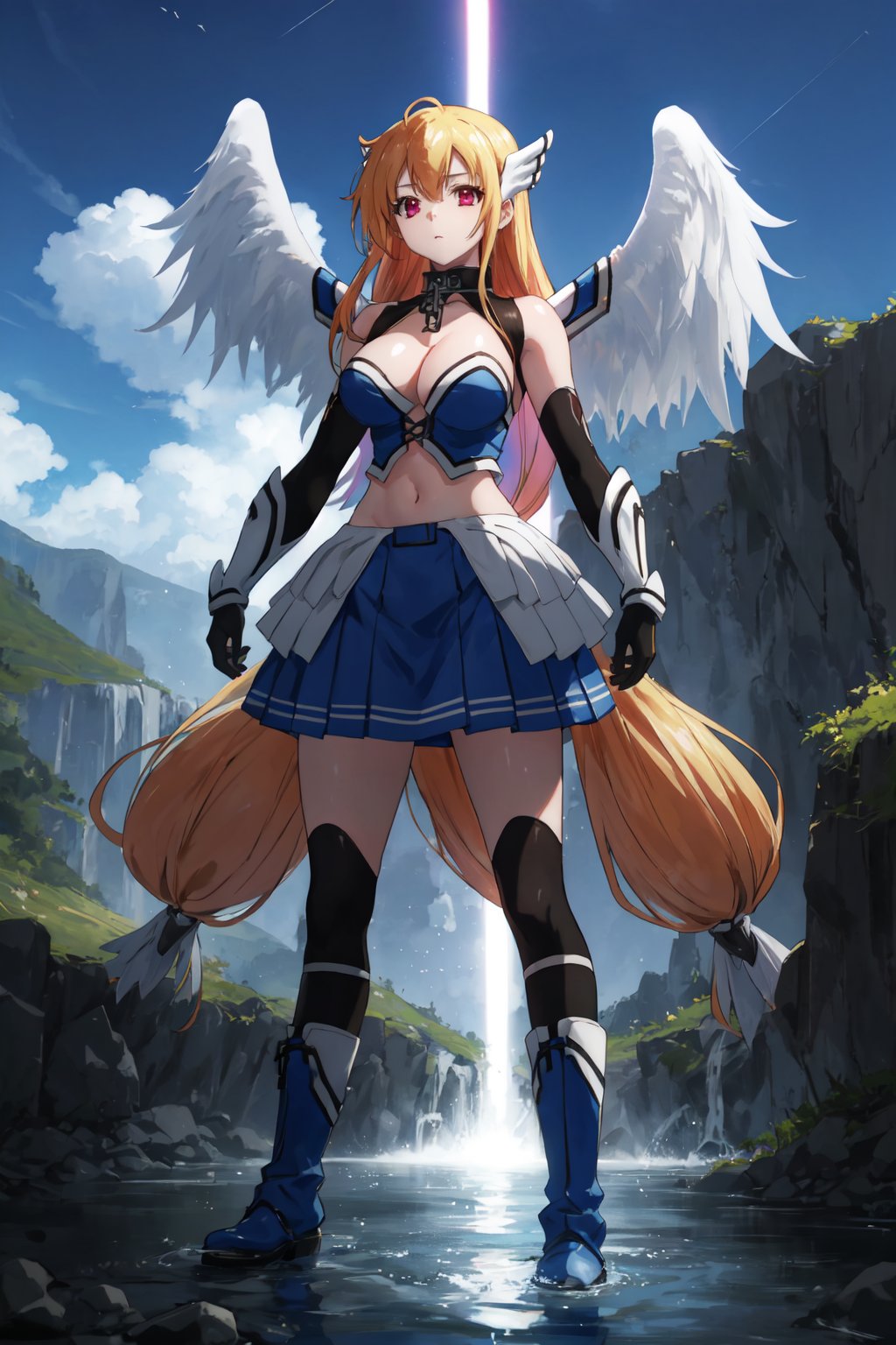 <lora:Astraea-000009:0.8>,Astraea CYQL,1girl,looking at viewer,solo,blonde hair,long hair,very long hair,low-tied long hair,red eyes,collar,chain,breasts,large breasts,cleavage,wings,angel wings,head wings,armor,bare shoulders,navel,midriff,skirt,boots,smile,full_shot,Within a mountain ravine, a waterfall plunges like a white silk ribbon, its roar deafening. Mist sprays everywhere, creating rainbows as sunlight pierces through the droplets, shimmering with a spectrum of colors,beautiful detailed sky,beautiful detailed glow,posing in front of a colorful and dynamic background,masterpiece,best quality,beautiful and aesthetic,contrapposto,female focus,wallpaper,